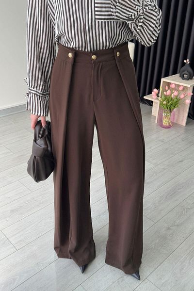 ECEMİ Gold Button Crepe Fabric Coffee Pants