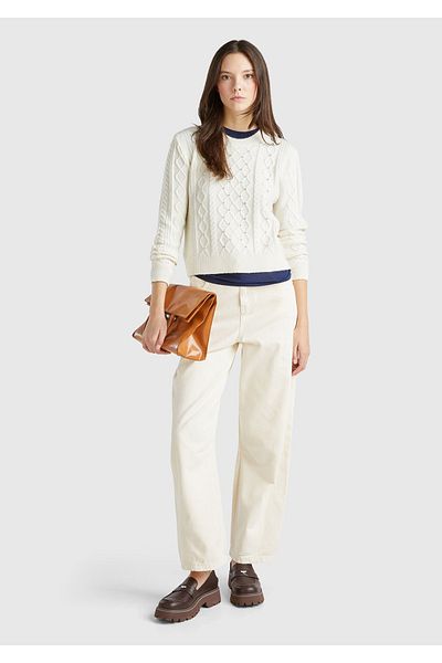 United Colors of Benetton Women's Cream Cotton and Wool Blended Knit Stone Detailed Round Neck Sweater
