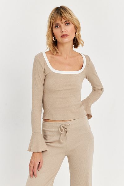Cool & Sexy Women's Vanilla Contrast Collar Spanish Sleeve Blouse Alb3105