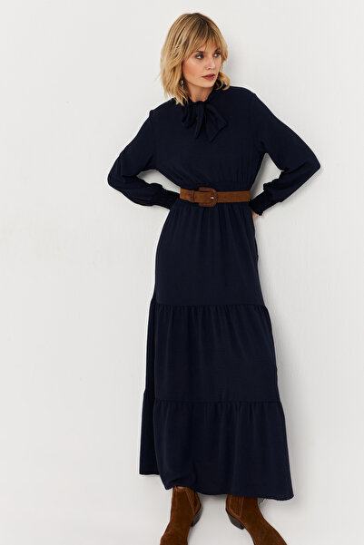 Cool & Modest Синя максі сукня для жінок - з зав'язкою на шиї MASF217