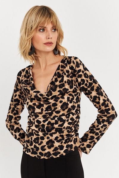 Cool & Sexy Γυναικεία μπλούζα με στάμπα Degaje Leopard - Camel-Black, μαζεμένες πλευρές, FRY2272