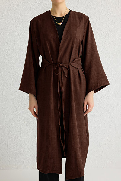Trendyol Modest Lněné tkané detailní kimono a kaftan – hnědá, vázání v pase, Tctss24Kk00001