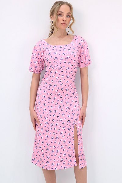 Trend Alaçatı Stili Women's Pink Square Collar Back Lace-up Slit Patterned Dress ALC-X11590