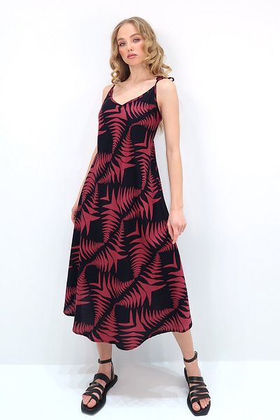 Trend Alaçatı Stili Women's Black Burgundy Rope Strap Print Woven Summer Dress Alc-X13652