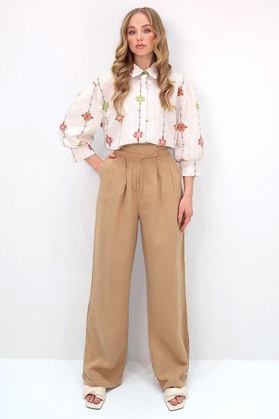 Trend Alaçatı Stili Women's Beige Pleated Velcro Muslin Linen Trousers Alc-X12110