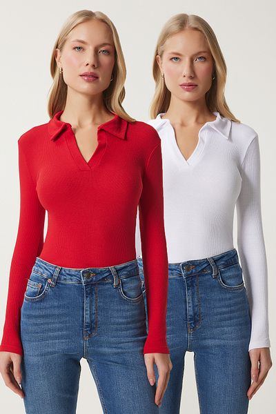 Happiness İstanbul 2-teilige, gerippte Strickbluse mit Polokragen für Damen in Rot und Weiß GT00232