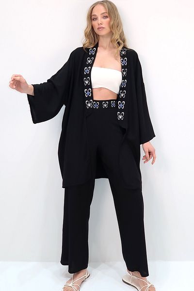 Trend Alaçatı Stili Black Print Kimono and Palazzo Pants Set - Back Print, Alc-X13641