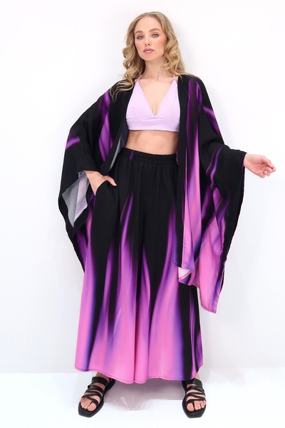 Trend Alaçatı Stili Purple Oversize Kimono and Skirt Pants Set - Alc-X13638