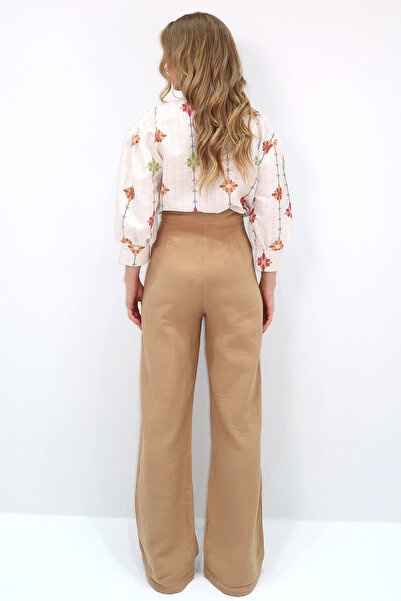 Trend Alaçatı Stili Women's Beige Pleated Velcro Muslin Linen Trousers Alc-X12110