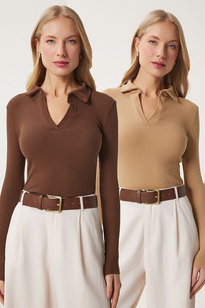 Happiness İstanbul Braune biskuitfarbene 2-teilige Strickbluse mit Polokragen für Damen GT00232