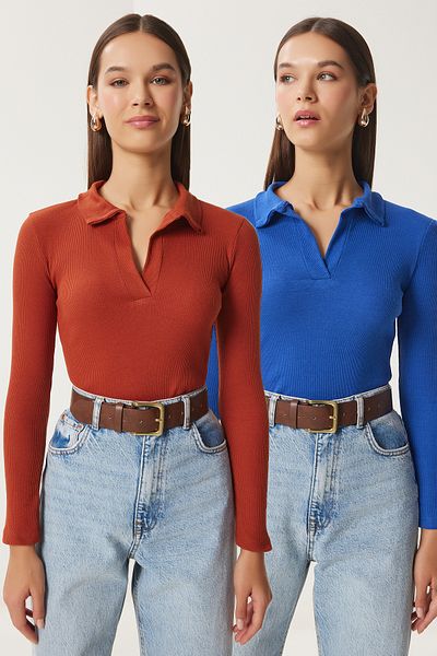 Happiness İstanbul Dunkelblaue 2-teilige, gerippte Strickbluse mit Polokragen für Damen GT00232