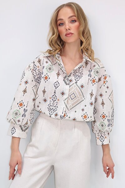 Trend Alaçatı Stili Dámská béžovo-hnědá princezna tkaná košile s etnickým vzorem ALC-X10396