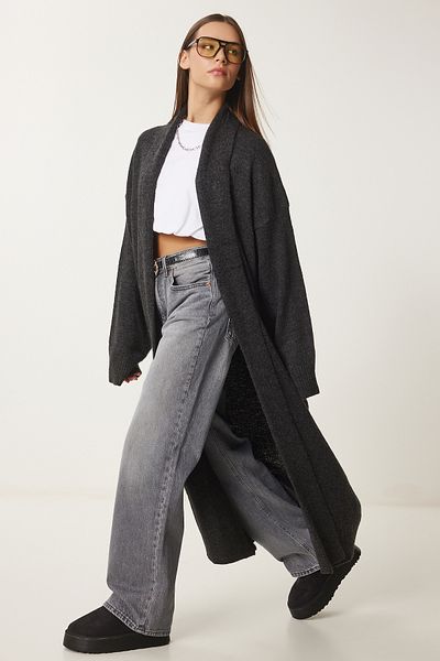 Happiness İstanbul Anthrazitfarbene lange Strickjacke mit Schalkragen für Damen Hİ00004