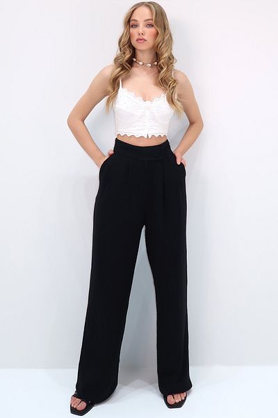 Trend Alaçatı Stili Schwarze, plissierte Musselin-Leinenhose mit Klettverschluss für Damen ALC-X12110