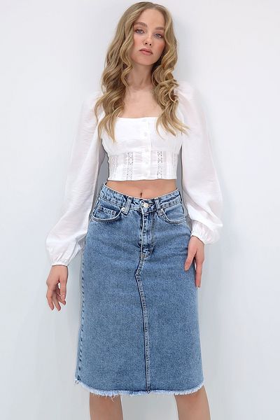 Trend Alaçatı Stili Blauer Midi-Jeansrock mit hoher Taille und 5 Taschen für Damen ALC-X13655