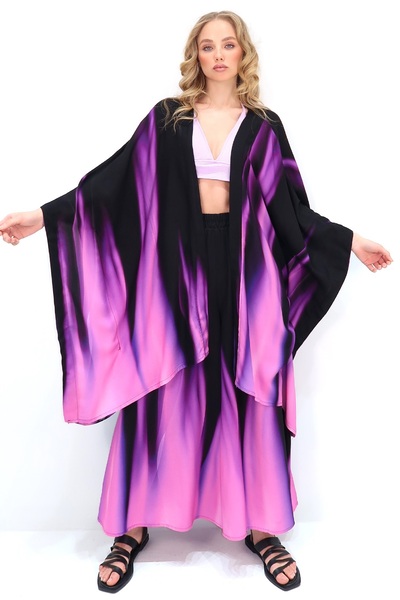 Trend Alaçatı Stili Purple Oversize Kimono and Skirt Pants Set - Alc-X13638