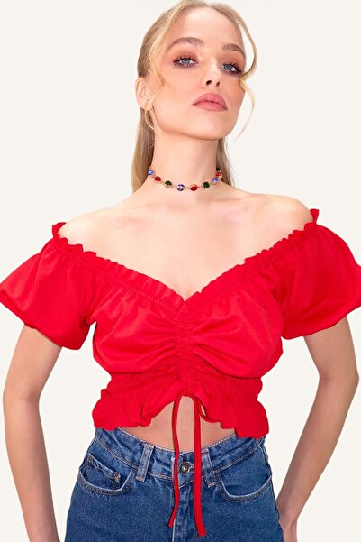 Trend Alaçatı Stili Piros Madonna gallér - Elasztikus derék és ujjak Crop blúz ALC-X8562