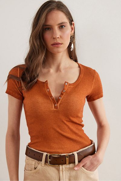 Olalook Women's Washed Tan Snap Camisole Blouse Blz- 19000171