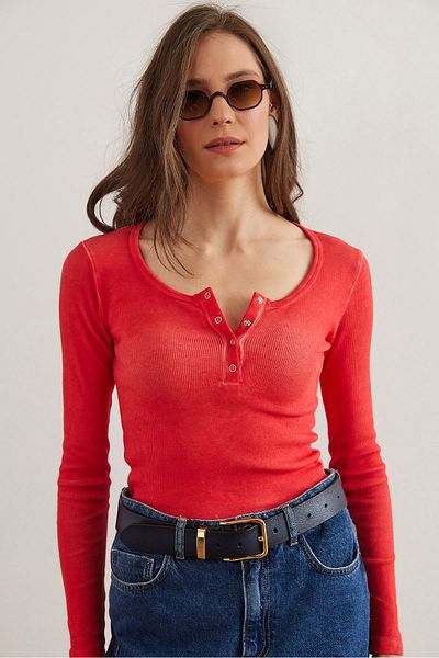 Olalook Korallenfarbene, gewaschene Camisole-Damenbluse – BLZ- 19000588