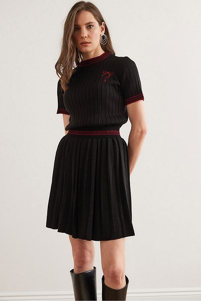 Olalook Women's Black Short Sleeve Color Detailed Skirted Knitwear Set Tkm- 19000346
