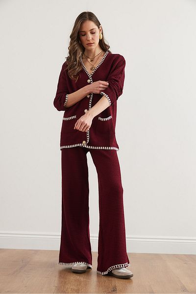 Olalook Women's Burgundy Piping Detailed Top Cardigan Bottom Trousers Knitwear Set Tkm- 19000305