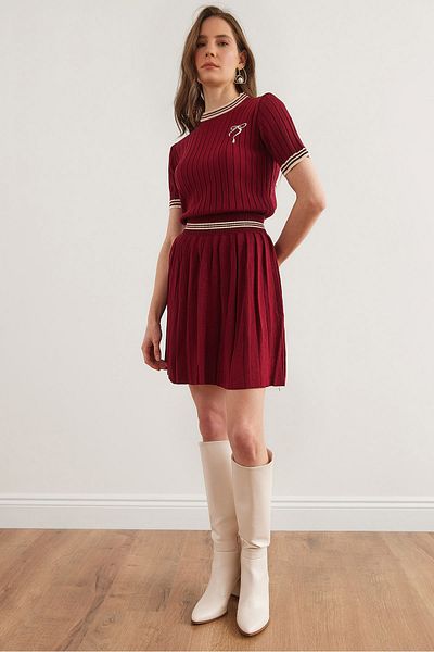 Olalook Women's Burgundy Short Sleeve Color Detailed Skirted Knitwear Set Tkm- 19000346