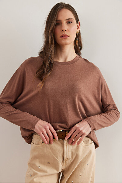 Olalook Kadın Sütlü Kahve Bisiklet Yaka Yarasa Yün Viskon Bluz BLZ-19002801