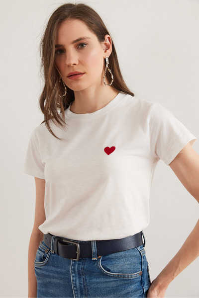 Olalook Γυναικείο κοντομάνικο μπλουζάκι Ecru Flamed Heart TSH- 19000834