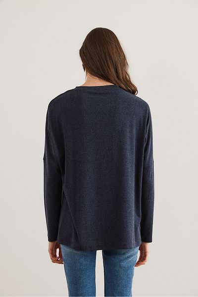 Olalook Marineblaue Fledermaus-Wollviskose-Bluse mit Rundhalsausschnitt für Damen BLZ- 19002801