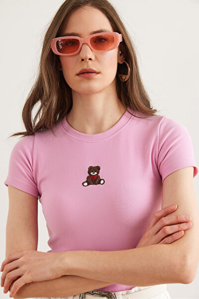 Olalook Γυναικεία καραμέλα ροζ κεντημένη με ραβδώσεις ελαστική μπλούζα BLZ- 19002824