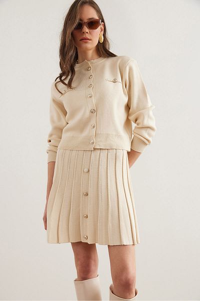Olalook Women's Cream Button Detailed Top Cardigan Bottom Pleated Skirt Knitwear Set Tkm- 19000332