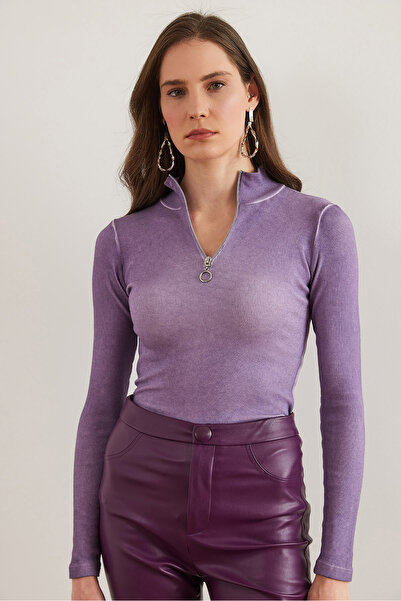 Olalook Women's Washed Lilac Zippered Turtleneck Lycra Blouse Blz- 19001155