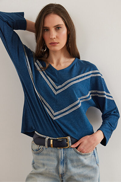 Olalook Bluză de damă, albastru petrol, cu dungi din lână, viscoză, BLZ- 19002826