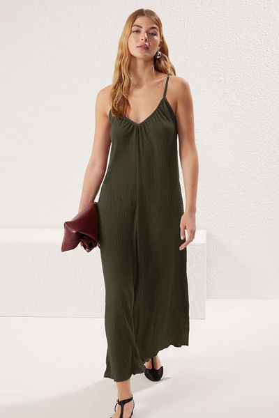 Trendyol Collection Khaki Straight Maxi Textured A-Line Stretchy Knitted Dress Twoss25El00111