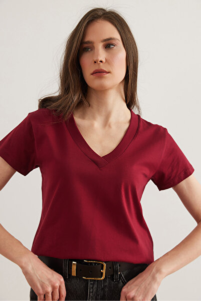 Olalook Kadın Bordo V Yaka Flamlı Tişört TSH-19000396
