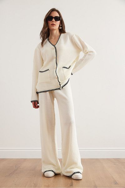 Olalook Costum de tricotaj pentru femei, alb, cu detaliu, cardigan, pantaloni, pantaloni, TKM- 19000305