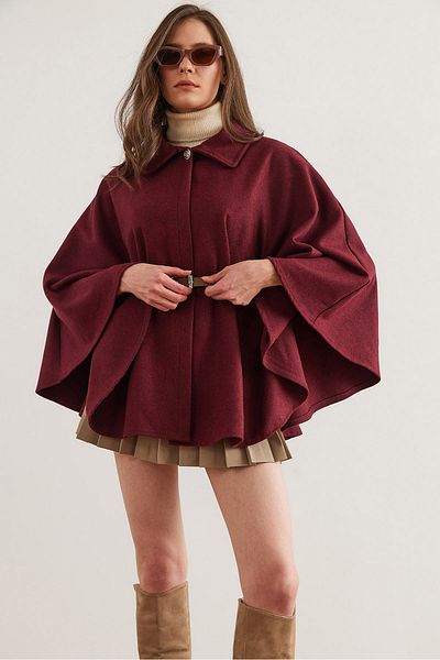 Olalook Burgunderfarbene Damen-Poncho-Strickjacke mit Gürtel HRK- 19000339