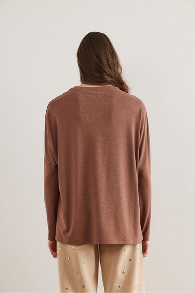 Olalook Women's Milk Coffee Crew Neck Bat Wool Viscose Blouse Blz- 19002801