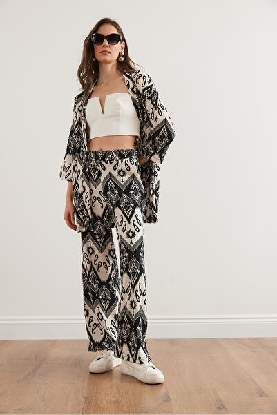 Olalook Costum kimono cu model șal ecru negru pentru femei - TKM- 19000349