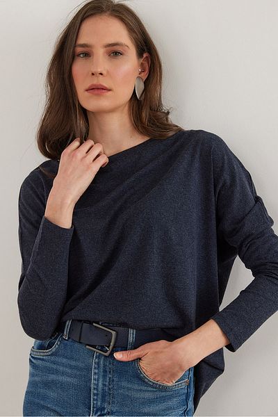 Olalook Marineblaue Fledermaus-Wollviskose-Bluse mit Rundhalsausschnitt für Damen BLZ- 19002801