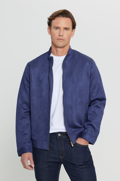AC&Co / Altınyıldız Classics Men's Suede Jacket Coat - Navy Blue, Standard Fit, Stand Collar
