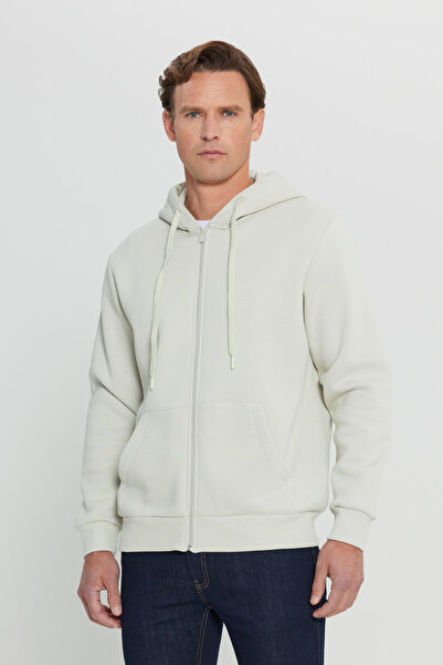 AC&Co / Altınyıldız Classics Erkek Bej Standart Fit Normal Kesim Içi Polarlı 3 Iplik Kapüşonlu Fermuarlı Sweatshirt Ceket