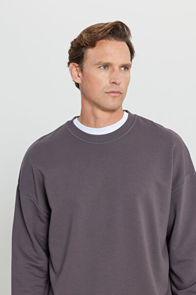 AC&Co / Altınyıldız Classics Dark Gray Oversize Men's Sweatshirt - 3 Thread, Crew Neck, Cotton