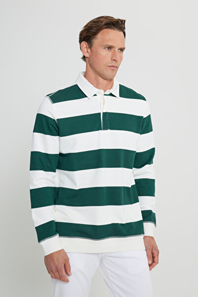 AC&Co / Altınyıldız Classics Erkek Ekru K.yesıl Standart Fit Normal Kesim Içi Polarlı 3 Iplik Polo Yaka Pamuklu Sweatshirt