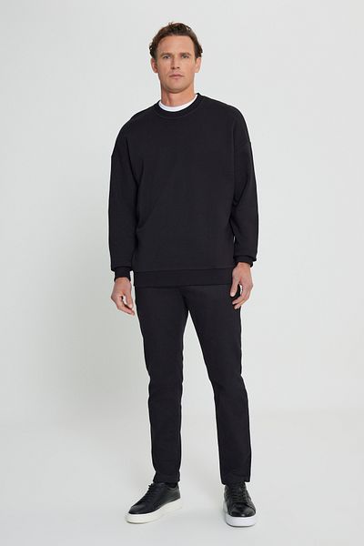 AC&Co / Altınyıldız Classics Pánska čierna oversize bavlnená mikina – 3 vlákna, výstrih