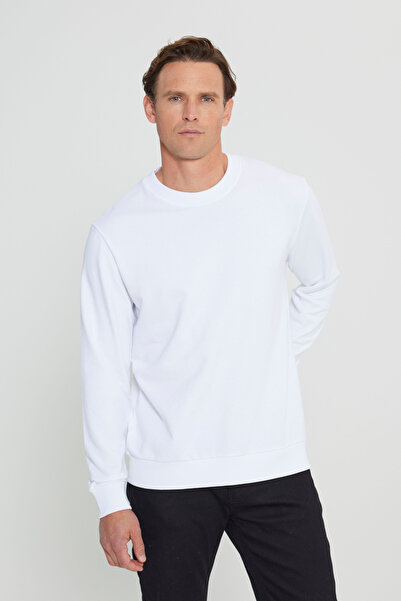 AC&Co / Altınyıldız Classics Bílá bavlněná pánská mikina se 3 vlákny Crew Neck – standardní střih