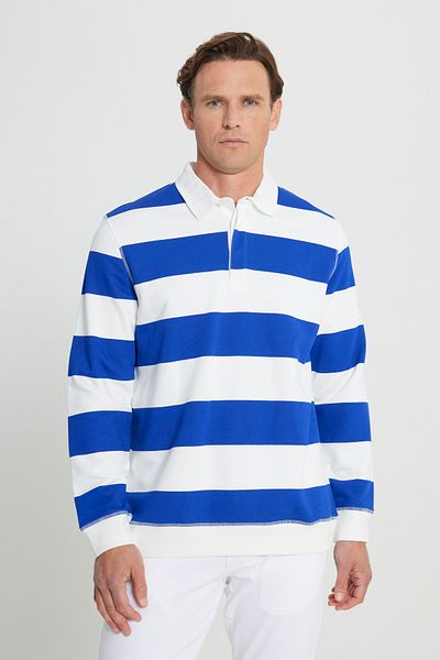 AC&Co / Altınyıldız Classics Ανδρικό Ecru K.blue Standard Εφαρμογή κανονικό φλις φλις εσωτερικά με 3 κλωστές γιακά βαμβακερό