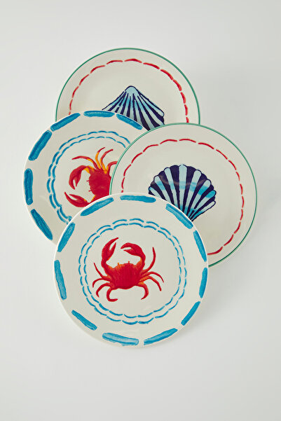 TRENDYOLMİLLA HOME Set of 4 Ceramic Marine Pattern Cake Plates 19cm Tphss25Tbk00012