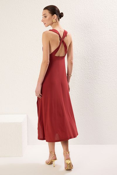 Trendyol Collection Stretchy Knitted Maxi Dress - Brick Color with Accessory Detail, Slit and Gathering Twoss25El00091