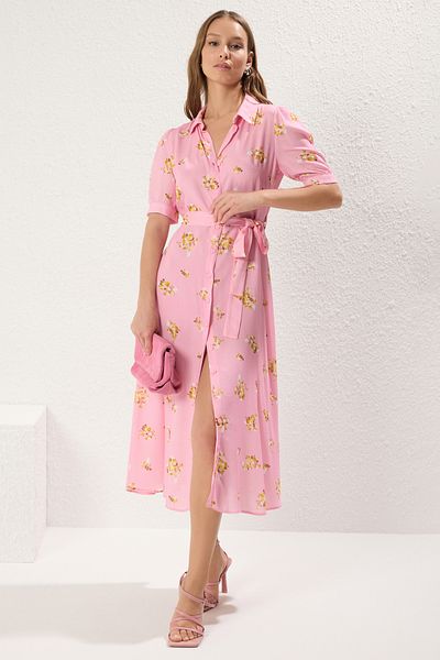 Trendyol Collection Ροζ Μίντι Φόρεμα - Ζώο Ζώνη, Υφαντό, TWOSS20EL1559